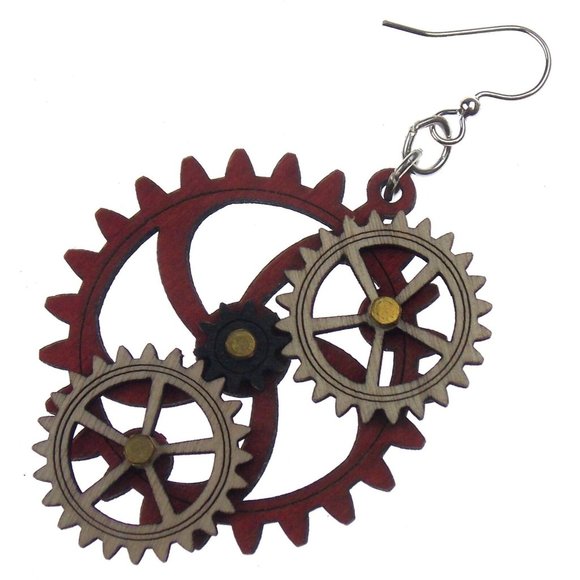 Wood Gears Earrings Green Tree Jewelry Sustainable Eco Friendly Made USA Gift - Picture 1 of 2